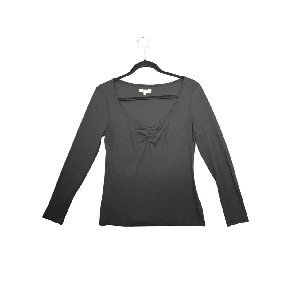 Madewell Women XL Top Black Ribbed Ruched V-Neck Long Sleeve Dark Academia Basic
